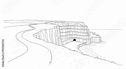 A winding path leads to a cliff-side quarry with a cave entrance and the sea