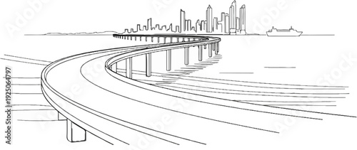 An elevated highway curves towards a distant city skyline and a ship on the water