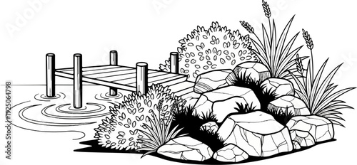 A simple drawing of a wooden dock extending into calm water with rocks and plants