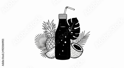 A dark bottle with a straw, surrounded by pineapple and coconut