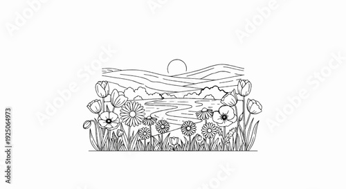 Stylized drawing of a peaceful landscape with rolling hills, a winding river, and blooming flowers