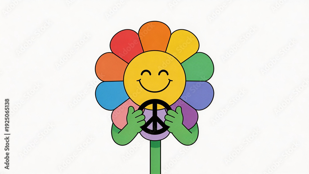 Naklejka premium A whimsical illustration of a smiling flower with rainbow petals, holding a peace sign. The cheerful design conveys happiness and harmony, ideal for positive-themed visuals.