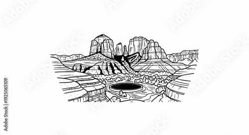 Dramatic black and white sketch of layered rock formations with a circular dark feature