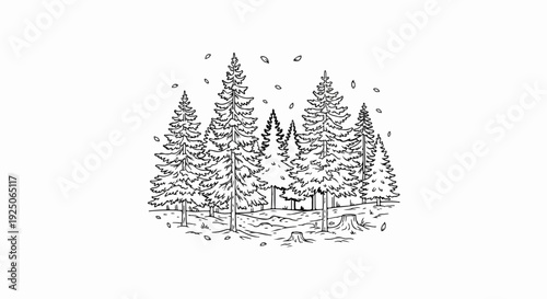A stylized black and white illustration of a forest scene with evergreen trees and falling leaves