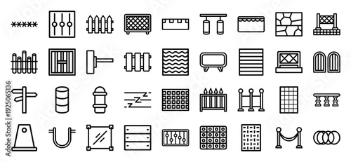 Security infrastructure and architectural barrier icons featuring minimalist monoline designs for urban planning, perimeter safety, and property management layouts.