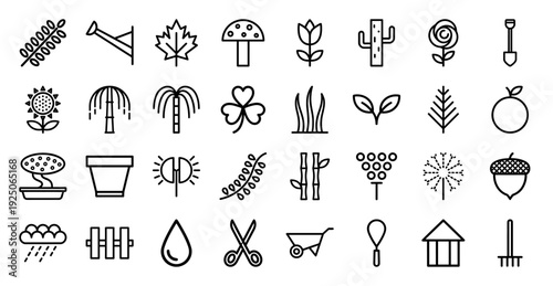Sustainable gardening and botanical growth monoline pictograms. Minimalist linear icons for organic farming, landscaping, and horticulture branding.
