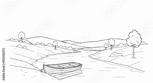 A solitary rowboat rests by the tranquil waters of a winding river through rolling hills