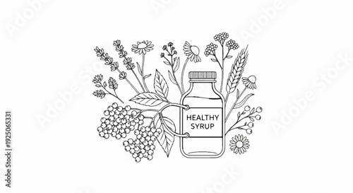 Line art of a bottle labeled 'HEALTHY SYRUP' surrounded by plants