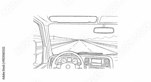 Interior view of a vehicle dashboard and windshield looking out to a highway