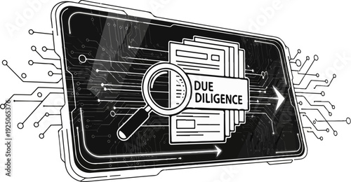 Magnifying glass examines digital documents on a circuit board
