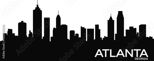 Black and white Atlanta Georgia city skyline silhouette illustration featuring famous downtown buildings and skyscrapers for travel tourism and urban architectural design projects