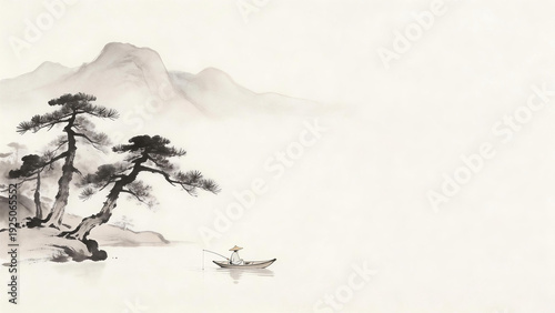 Traditional Chinese ink wash painting depicting misty mountains, a pine tree, and a lone boat on calm waters, showcasing serene natural beauty and classical artistic style.