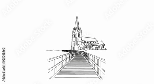 Wooden walkway leads to a gothic church with a tall spire on a clear day