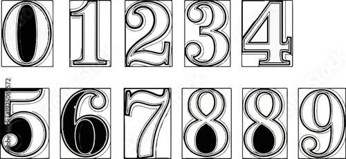 Ornate numerals from zero to nine in bold outlines with shaded interiors