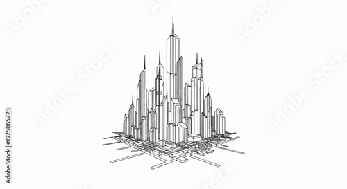 Stylized line art depicts a dense cityscape of towering skyscrapers