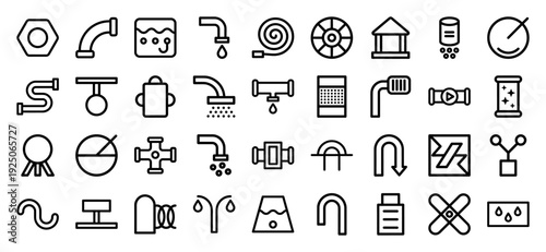 Plumbing and fluid dynamics monoline icons for industrial engineering, water management, and mechanical infrastructure. Professional chunky line art pictograms for pipework schematics.