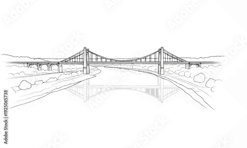 Stylized line drawing of a suspension bridge over a river, with reflection