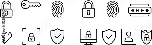 Digital security icons collection with padlock, fingerprint, password, shield, key, and user authentication symbols representing cybersecurity, data protection, and secure access illustration