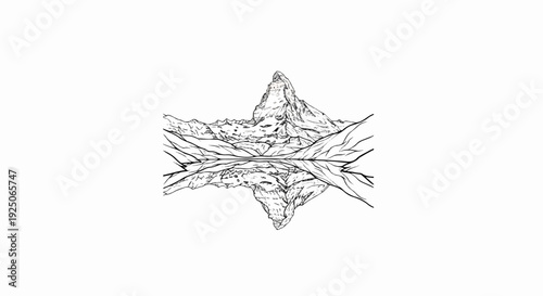 Stylized sketch of a majestic mountain peak reflected in calm water