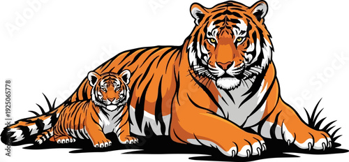Two stylized tigers, one large and one small, rest on a white background