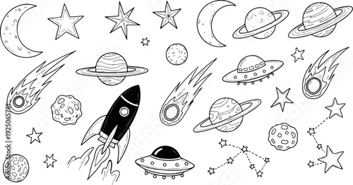 Whimsical hand-drawn space elements including planets, rockets, comets, and stars