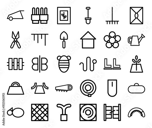 Gardening and landscaping maintenance equipment icons featuring horticultural tools in a bold monoline geometric style for DIY outdoor projects.