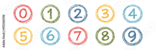 Hand drawn numbers from zero to nine in sketch circle frames. Colorful doodle style digits isolated on white background, perfect for kids education, posters and creative design.