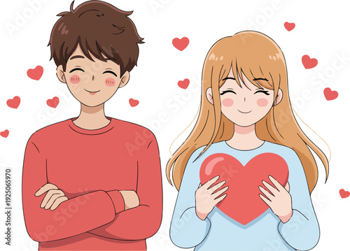 Young couple holding a heart in a romantic cartoon illustration