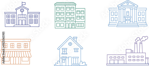 Colorful line art illustration of diverse buildings including school, apartment, courthouse, shop, house, factory architecture icons for urban planning and stock graphics

