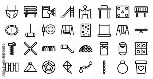 Playground equipment and outdoor recreation linear icons. Professional monoline pictograms for park planning, childhood development, and landscape architecture designs.