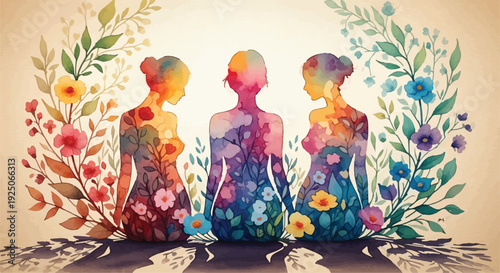 Watercolor Silhouette Illustration of Women with Vibrant Floral Botanical Patterns and Symmetrical Nature Composition