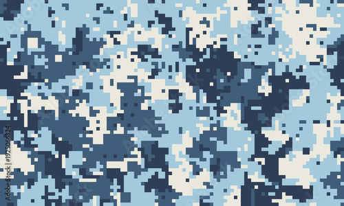 Abstract digital camouflage pattern in cool blues and whites.  Ideal for backgrounds, textures, or design elements requiring a modern, techinspired aesthetic.