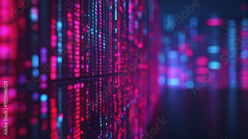 Wallpaper Mural Close-up of colorful digital data streams displayed on a screen, featuring glowing red, blue, and purple pixel patterns in a futuristic tech environment. Torontodigital.ca