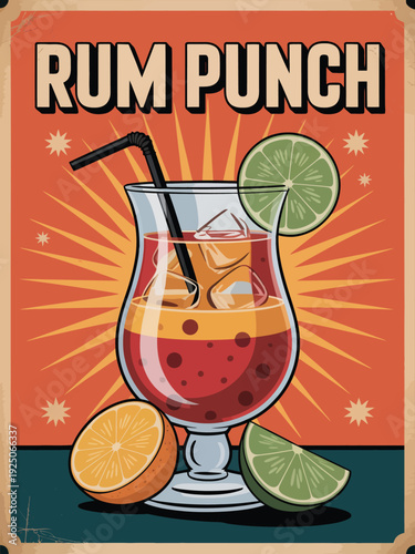 Retro Rum Punch Cocktail Poster with Citrus Slices and Ice