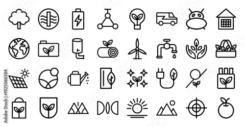 Sustainable energy and eco-friendly lifestyle pictograms for green technology branding. Professional monoline icons featuring renewable resources and environmental conservation.