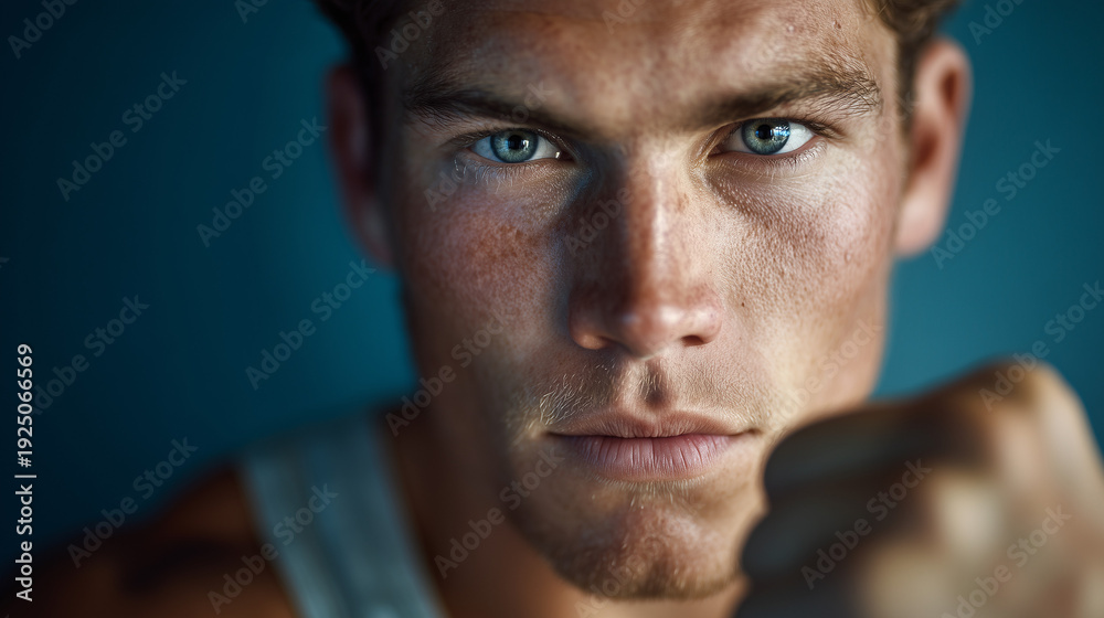 Fototapeta premium Athletic Man with Intense Determination and Clenched Fist