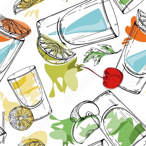 Appletini and absinthe, Lemon drop juice, electric Kamikaze, fruit garnish. Vector seamless pattern of multicolor shots. Hand drawn for wrapping paper, textiles, packaging and creative merchandise.