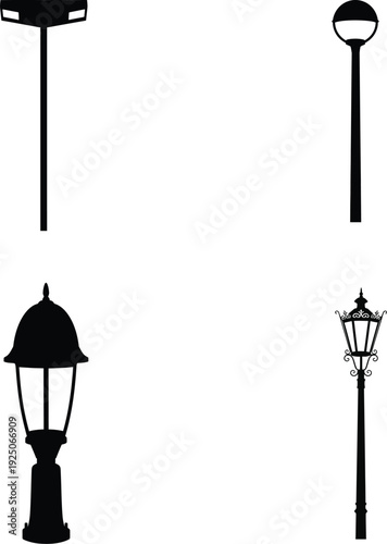 Black outdoor street lamp and post components