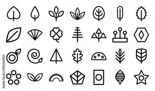 Botanical symbology and nature inspired geometric ornaments. Minimalist monoline plant icons for eco-friendly branding and organic product packaging design.