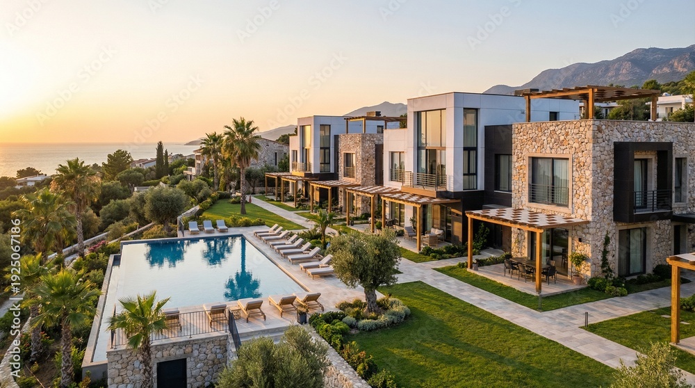 Fototapeta premium Vacation Rental Investment Strategy with Modern Beachfront Villa and Financial Data Visualization