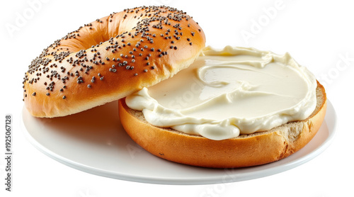 Two delicious bagels with cream cheese and sesame seeds on a white plate isolated on transparent background