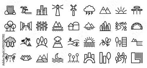 Minimalist landscape and nature monoline pictograms for environmental infographics. Clean black line art featuring mountains, islands, weather, and urban planning elements.
