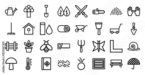 Gardening and landscaping maintenance icons for professional horticulture and backyard DIY projects. Technical monoline pictograms in a clean geometric style.