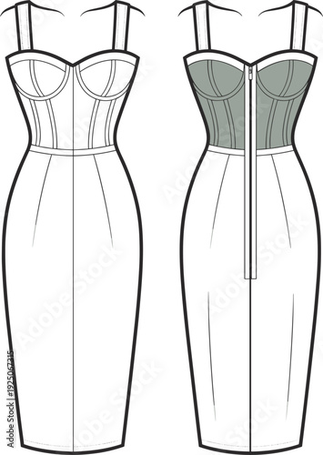 Flat sketch of bodycon midi dress with corset bodice, back zipper, structured cups, fitted silhouette, CAD drawing vector illustration