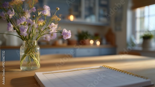 Stylish minimalist workspace featuring a calendar work schedule spread across a sleek table, inspiring focus and efficient task management. Warm ambient light casts gentle shadows, fresh flowers
