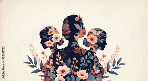 women day Conceptual illustration of three female silhouettes filled with floral patterns representing growth and mental health