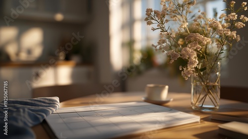 Stylish minimalist workspace featuring a calendar work schedule spread across a sleek table, inspiring focus and efficient task management. Warm ambient light casts gentle shadows, fresh flowers