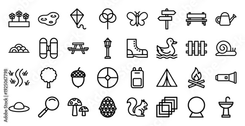 Outdoor recreation and nature camping elements in a technical monoline style. Minimalist pictograms for park navigation, hiking gear, and forest exploration.
