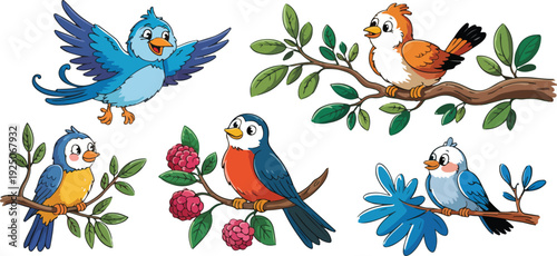 Cute cartoon birds on a branch vector illustration set