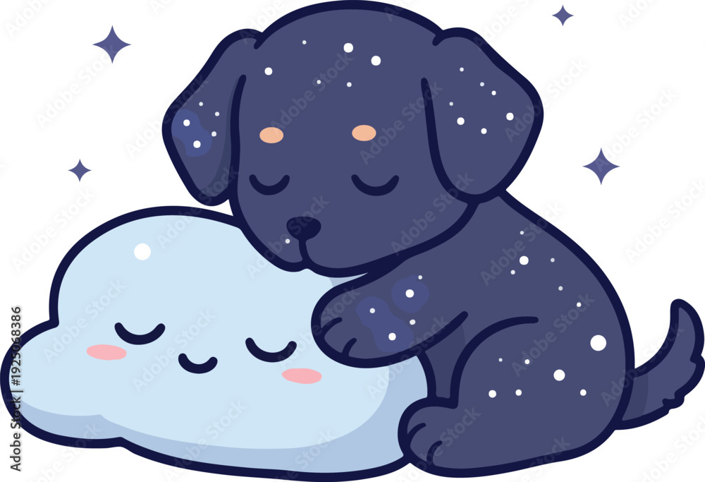 Fototapeta premium Cute Puppy Dog Sleeping on a Cloud with Stars